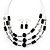 3 Strand Black Glass Bead Wire Necklace & Drop Earrings Set In Silver Tone - 44cm Length/ 5cm Extension
