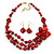 Burgundy Red Shell, Glass Bead Floral Necklace & Drop Earrings In Gold Plating - 40cm L/ 7cm Ext - view 2