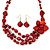 Burgundy Red Shell, Glass Bead Floral Necklace & Drop Earrings In Gold Plating - 40cm L/ 7cm Ext