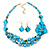 Teal Blue Coloured Shell, Glass Bead Floral Necklace & Drop Earrings In Gold Plating - 40cm L/ 7cm Ext