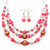 Pink/ Transparent Glass & Ligth Brown Ceramic Bead Multi Strand Wire Necklace & Drop Earrings Set In Silver Tone - 48cm L/ 4cm Ext - view 8