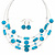 Blue Stripy Shell And Crystal Bead Multi-Strand Necklace And Drop Earrings In Silver Tone - 50cm L/ 4cm Ext