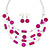 Fuchsia Stripy Shell And Crystal Bead Multi-Strand Necklace And Drop Earrings In Silver Tone - 50cm L/ 4cm Ext