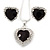 Black/ Clear Crystal Heart Pendant with Silver Tone Chain and Stud Earrings Set - 44cm L/ 6cm Ext
