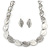 White Enamel and Clear Crystal Leaf Motif Necklace and Stud Earrings Set In Silver Tone - 41cm L - Gift Boxed