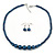 Dark Blue Graduated Glass Bead Necklace & Drop Earrings Set In Silver Plating - 44cm L/ 4cm Ext