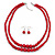 2 Strand Layered Intense Red Graduated Glass Bead Necklace and Drop Earrings Set - 50cm L/ 4cm Ext
