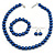 12mm Denim Blue Glass Bead Necklace, Flex Bracelet & Drop Earrings Set In Silver Plating - 46cm L/ 5cm Ext