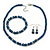 6mm, 8mm Inky Blue Glass/ Crystal Bead Necklace, Flex Bracelet & Drop Earrings Set In Silver Plating - 42cm L/ 5cm Ext