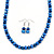 8mm Electric Blue Glass Bead Necklace and Drop Earrings Set In Silver Tone - 40cm L/ 4cm Ext - view 2