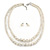 2 Strand Layered Cream Graduated Glass Bead Necklace and Stud Earrings Set - 50cm L/ 4cm Ext