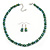 8mm Deep Green Glass Bead Necklace and Drop Earrings Set In Silver Tone - 40cm L/ 4cm Ext