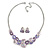 Pink/ Purple Crystal, Glittering Enamel Oval Cluster Necklace and Stud Earrings In Rhodium Plating - 40cm L/ 7cm Ext - view 4