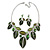 Statement Green Glass, Crystal Leaf Necklace and Drop Earrings Set In Rhodium Plating - 40cm L/ 8cm Ext - view 4