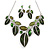 Statement Green Glass, Crystal Leaf Necklace and Drop Earrings Set In Rhodium Plating - 40cm L/ 8cm Ext