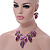 Statement Purple/ Magenta Glass, Crystal Leaf Necklace and Drop Earrings In Rhodium Plating - 40cm L/ 8cm Ext - view 2