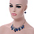 Blue Enamel, Crystal Multi Leaf Necklace and Drop Earrings Set In Rhodium Plating - 40cm L/ 6cm Ext - view 2