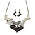 Black/ Grey/ White Glass, Crystal Heart Necklace and Drop Earrings Set In Silver Tone - 42cm L/ 7cm Ext