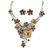 Brown/ Caramel Cluster Flower Necklace & Stud Earrings In Rhodium Plated Metal - 42cm L/ 8cm Ext