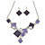 Avant Garde Purple Enamel Geometric Square Station, Clear Crystal Necklace and Drop Earrings Set In Rhodium Plating - 42cm L/ 7cm Ext