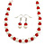 Red Glass Bead, White Glass Faux Pearl Neckalce & Drop Earrings Set with Silver Tone Clasp - 40cm L/ 4cm Ext - view 2