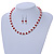 Red Glass Bead, White Glass Faux Pearl Neckalce & Drop Earrings Set with Silver Tone Clasp - 40cm L/ 4cm Ext - view 4