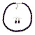 8mm Deep Purple Glass and Pearl Bead Necklace and Drop Earrings Set - 42cm L/ 5cm Ext