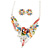 Matt Pastel Multicoloured Enamel, Clear Crystal Floral Necklace and Stud Earrings In Light Silver Tone - 45cm L/ 7cm Ext - view 1