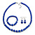 Royal Blue Ceramic Bead Necklace, Flex Bracelet & Drop Earrings With Crystal Ring Set In Silver Tone - 48cm L/ 6cm Ext