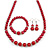 Red Glass Bead Necklace, Flex Bracelet & Drop Earrings With Crystal Ring Set In Silver Tone - 48cm L/ 6cm Ext - view 5