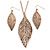 Vintage Inspired Textured Leaf Pendant and Drop Earrings Set In Aged Rose Gold Tone - 60cm L/ 7cm Ext