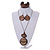 Long Brown Cord Wooden Pendant with Wavy Motif, Drop Earrings and Cuff Bangle Set in Brown - 76cm L/ Medium Size Bangle - view 2