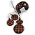 Long Brown Cord Wooden Pendant with Line and Dot, Drop Earrings and Cuff Bangle Set in Brown - 76cm L/ Medium Size Bangle