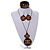 Long Brown Cord Wooden Pendant with Geometric Motif, Drop Earrings and  Bangle Set in Brown - 76cm L/ Medium Size Bangle - view 3