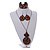 Long Brown Cord Wooden Pendant with Leaf Motif, Drop Earrings and Cuff Bangle Set in Brown - 76cm L/ Medium Size Bangle - view 3