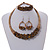 Ethnic Handmade Semiprecious Stone with Cotton Cord Necklace, Bracelet and Hoop Earrings Set In Brown/ Beige - 56cm L - view 2