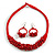Ethnic Handmade Semiprecious Stone with Cotton Cord Necklace, Bracelet and Hoop Earrings Set In Red - 56cm L - view 8