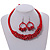 Ethnic Handmade Semiprecious Stone with Cotton Cord Necklace, Bracelet and Hoop Earrings Set In Red - 56cm L - view 13