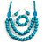 Chunky Turquoise Blue Long Wooden Bead Necklace, Flex Bracelet and Drop Earrings Set - 90cm Long