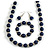 Dark Blue Wood and Silver Acrylic Bead Necklace, Earrings, Bracelet Set - 70cm Long - view 2