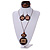 Long Brown Cord Wooden Pendant with with Tribal Motif, Drop Earrings and Bangle Set in Brown - 76cm L/ M Size Bangle - view 2