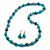Long Wood Bead Necklace and Earring Set with Animal Print in Turquoise Colour/ 80cm L