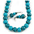 Chunky Wood Bead Cord Necklace and Earring Set with Animal Print in Turquoise Colour/ 76cm L - view 2