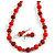 Long Wood Bead Necklace and Earring Set with Animal Print in Red/ 80cm L - view 2