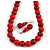 Chunky Wood Bead Cord Necklace and Earring Set with Animal Print in Red/ 76cm L - view 2