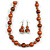 Long Wood Bead Necklace and Earring Set with Animal Print in Metallic Copper/ 80cm L - view 4