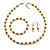 8mm/Bronze Brown Glass Bead and White Faux Pearl Necklace/Flex Bracelet/Drop Earrings Set - 43cm L/4cm Ext