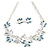 Metallic Blue/Grey Enamel Leafy Floral Necklace And Stud Earring Set in Silver Tone - 42cm L/ 6cm Ext