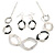 Metallic Silver/Black Enamel Graduated Link Necklace And Stud Earring Set in Silver Tone - 42cm L/ 6cm Ext
