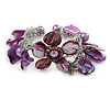 Purple Sea Shell, Faux Pearl Bead Floral Cuff Bracelet In Silver Tone - Adjustable